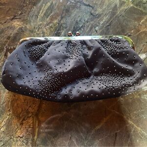 EXPRESS Satin Beaded Black Clutch Bag Silver Hardware